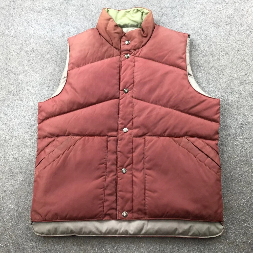 Camel Goose Down Vest Mens Medium Reversible Red Tan Puffer Quilted Snap Front - Picture 1 of 15